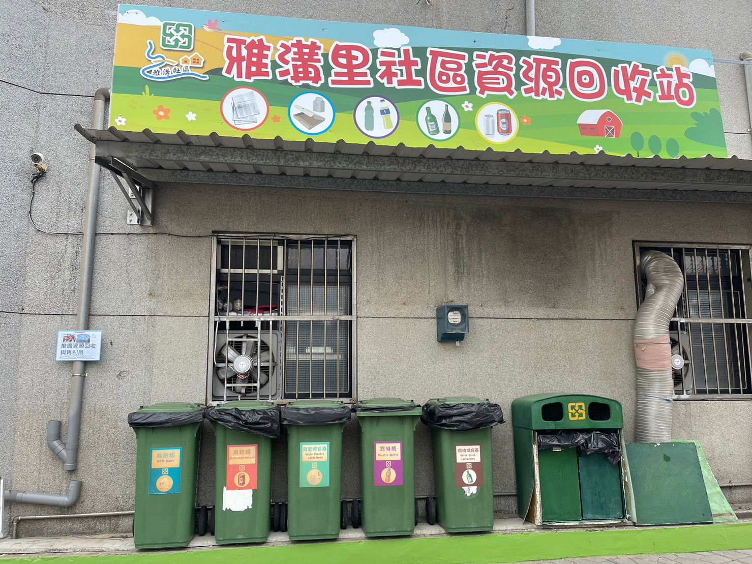 社區資源回收站設置於活動中心後方作為示範點提供給民眾及志工分類與回收